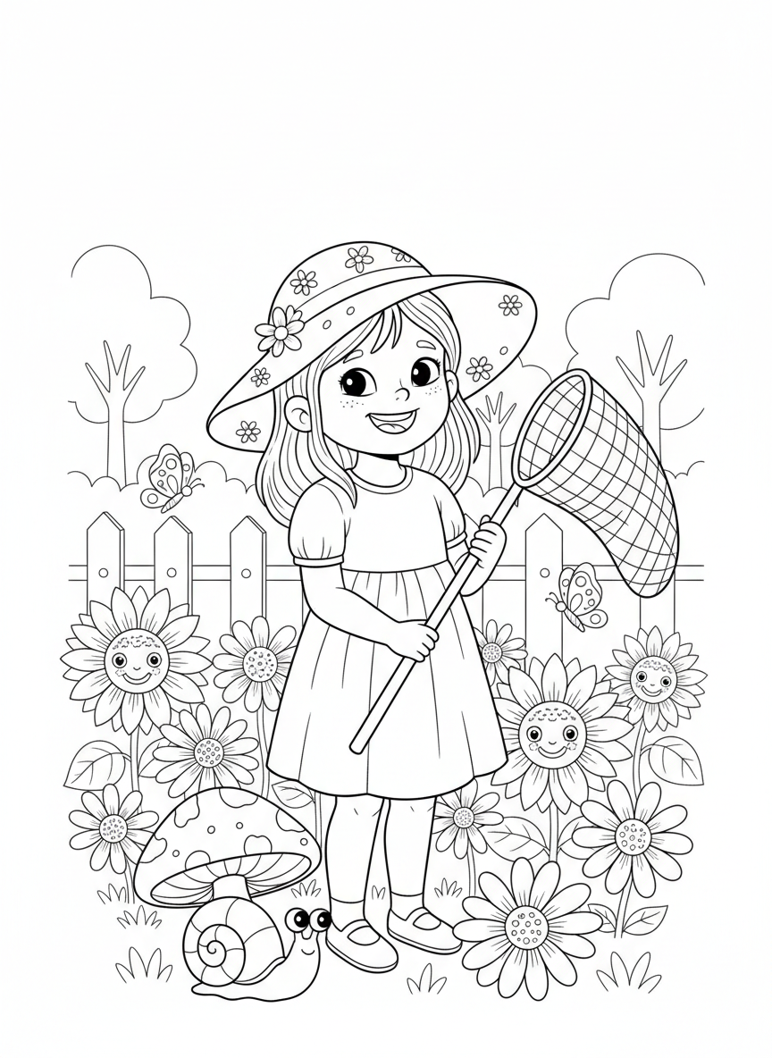 Girl with Butterfly Net in Garden