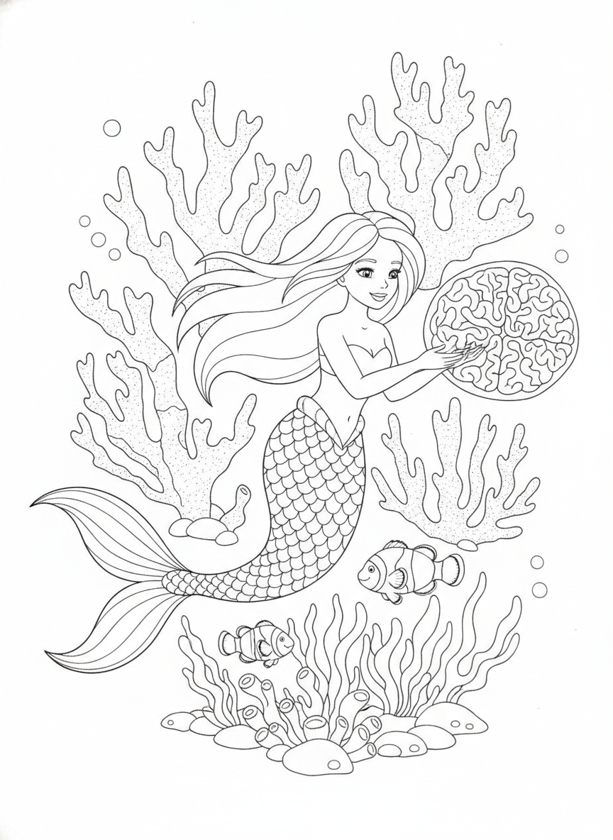 Graceful Mermaid & Coral Reef Coloring Page for Kids