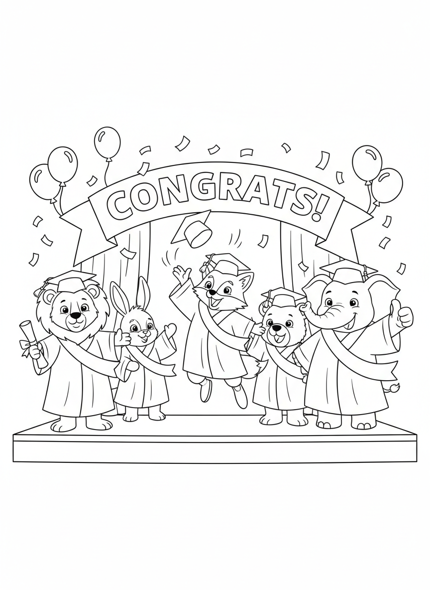 Graduating Animal Friends Coloring Page for Kids