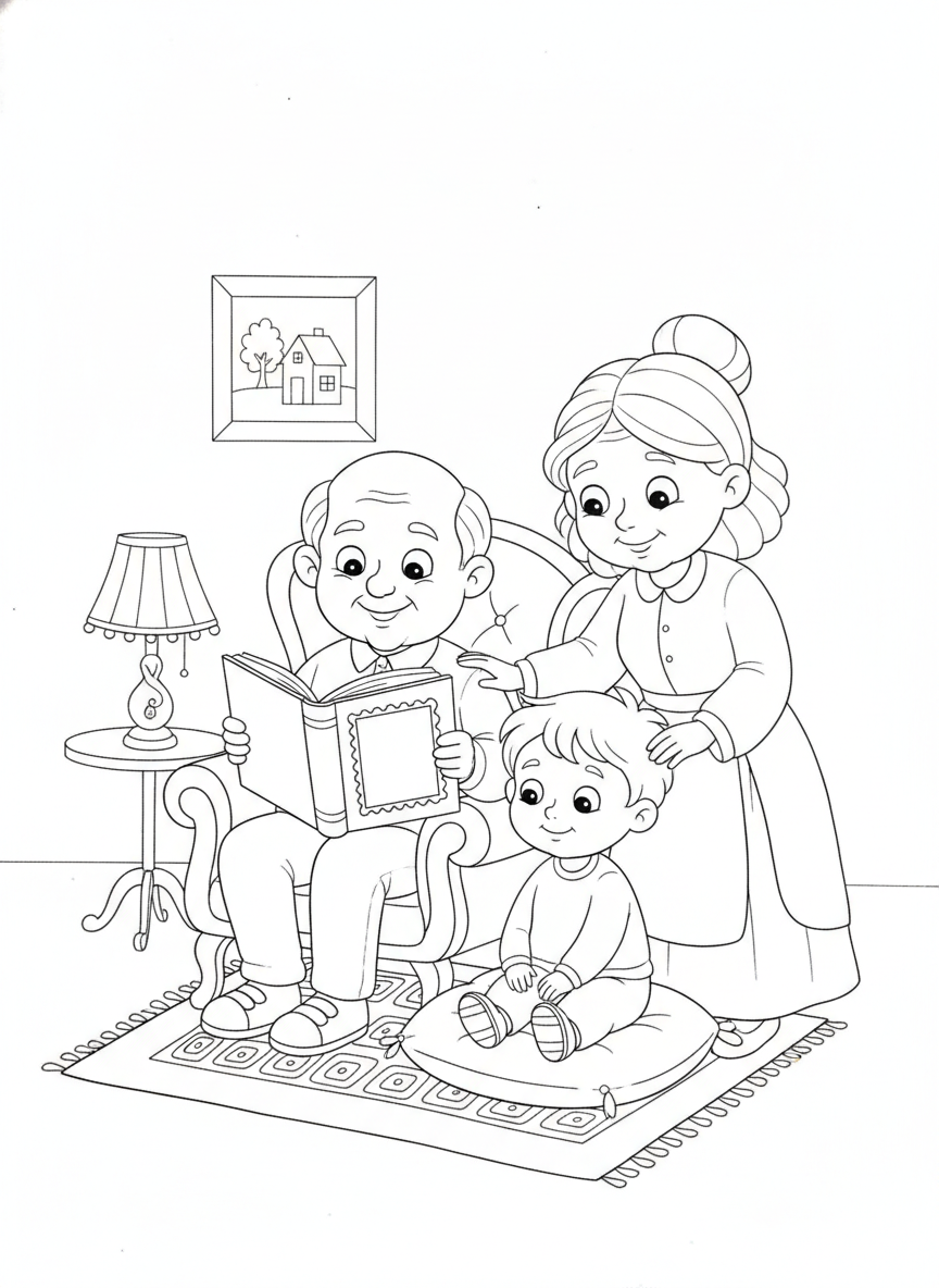 Grandparents' Cozy Story Time Coloring Page