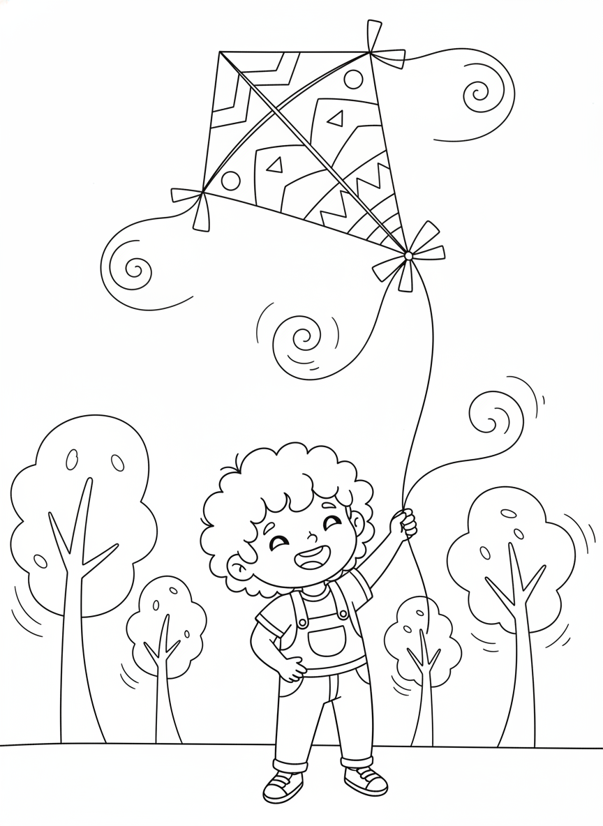 Happy Child Flying a Kite - Fun Kids Coloring Page