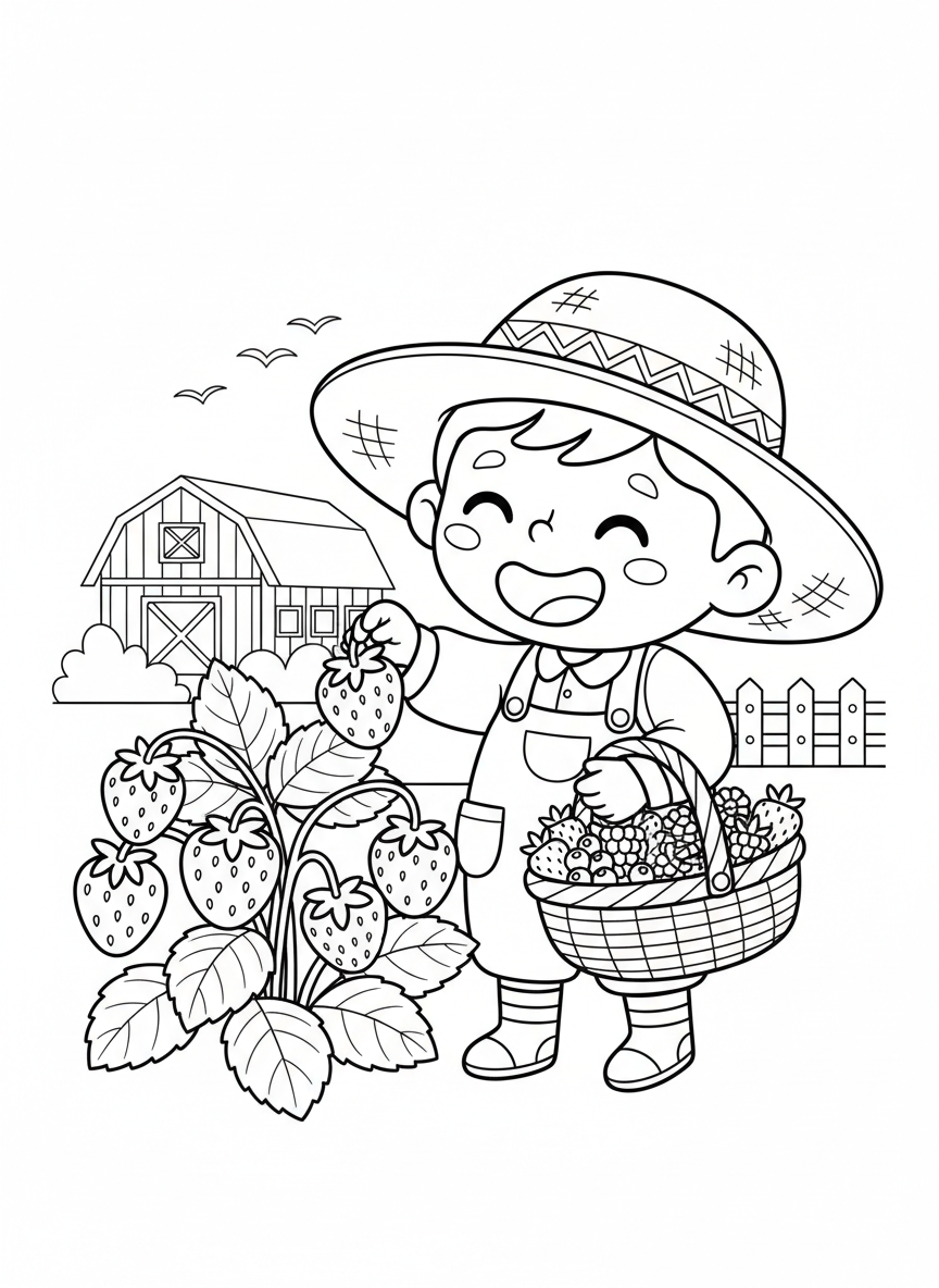 Happy Child Picking Berries Coloring Page