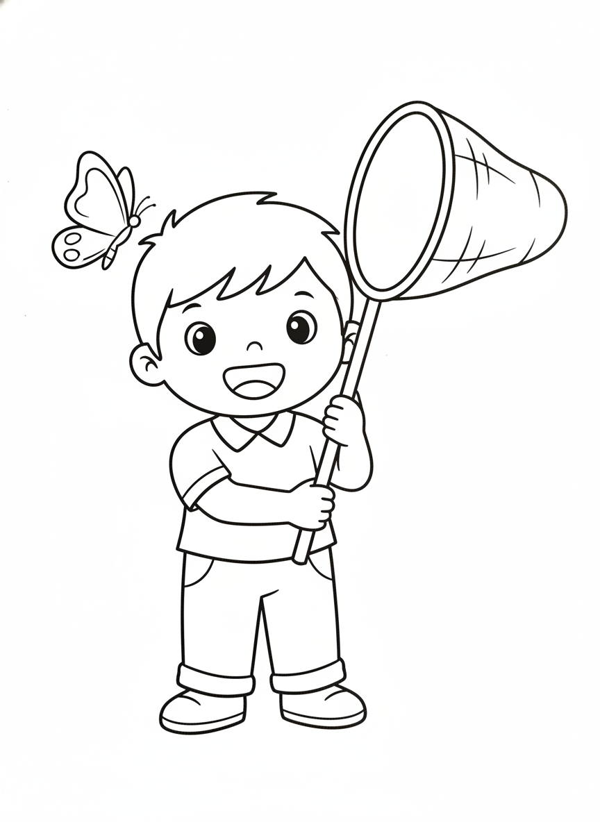 Happy Child with Butterfly Net Coloring Page for Kids