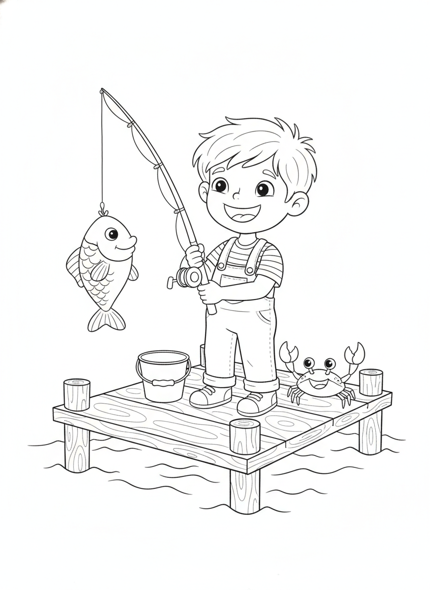 Happy Child's Fishing Adventure with a Friendly Crab Coloring Page