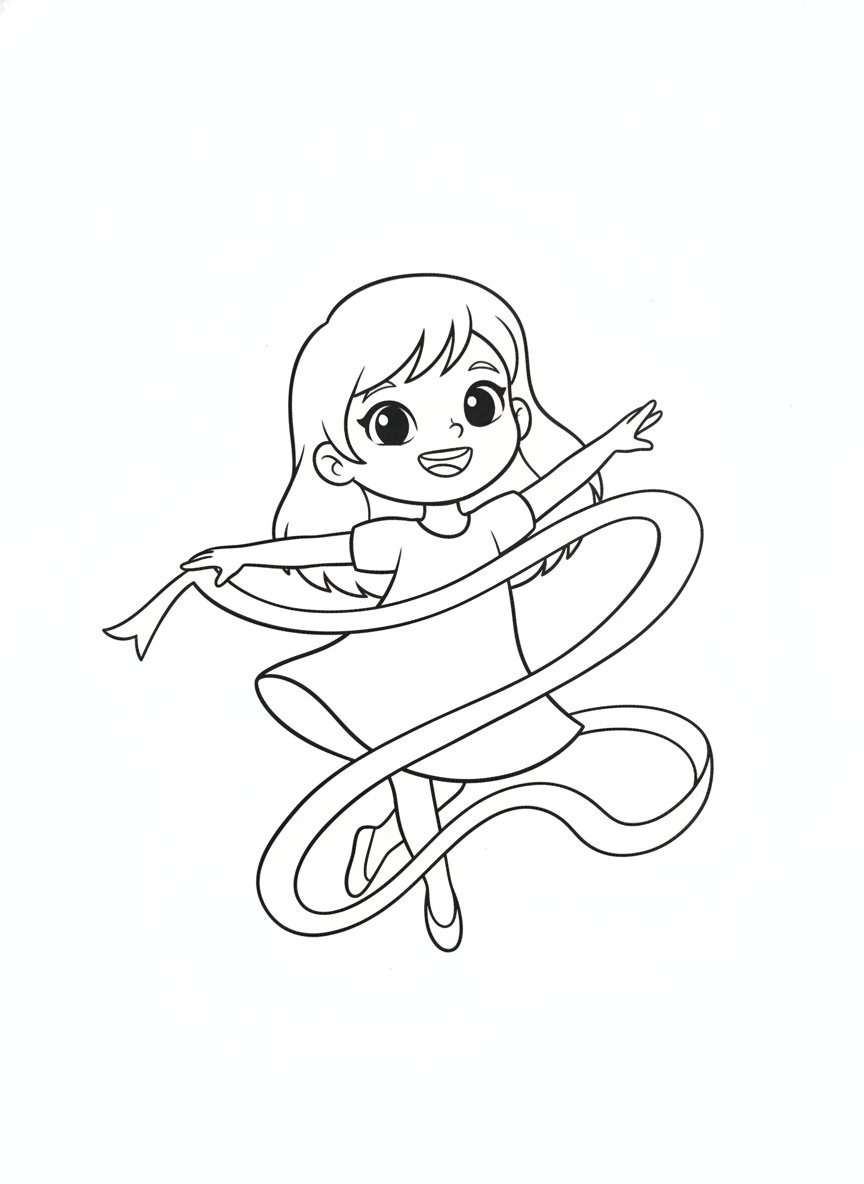 Happy Dancing Girl with Flowing Ribbon Coloring Page