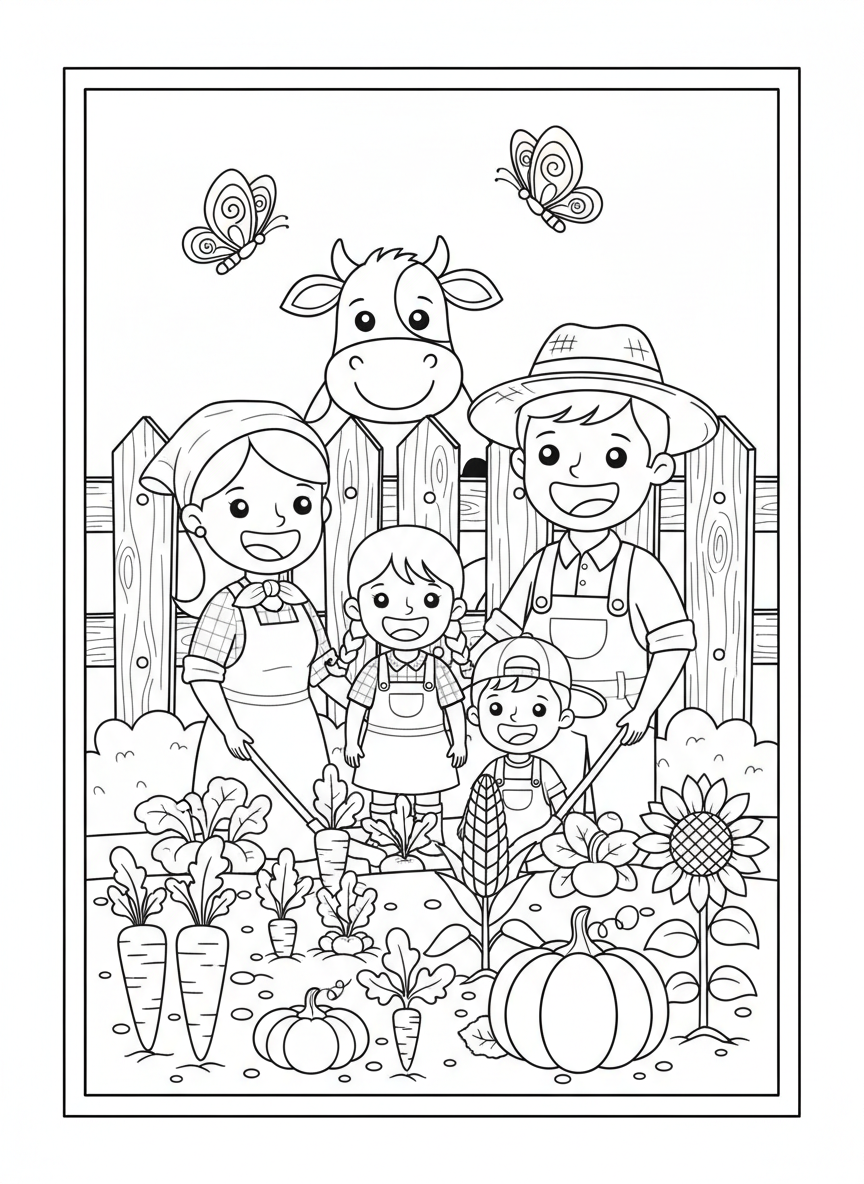 Happy Farmer Family Gardening Coloring Page for Kids