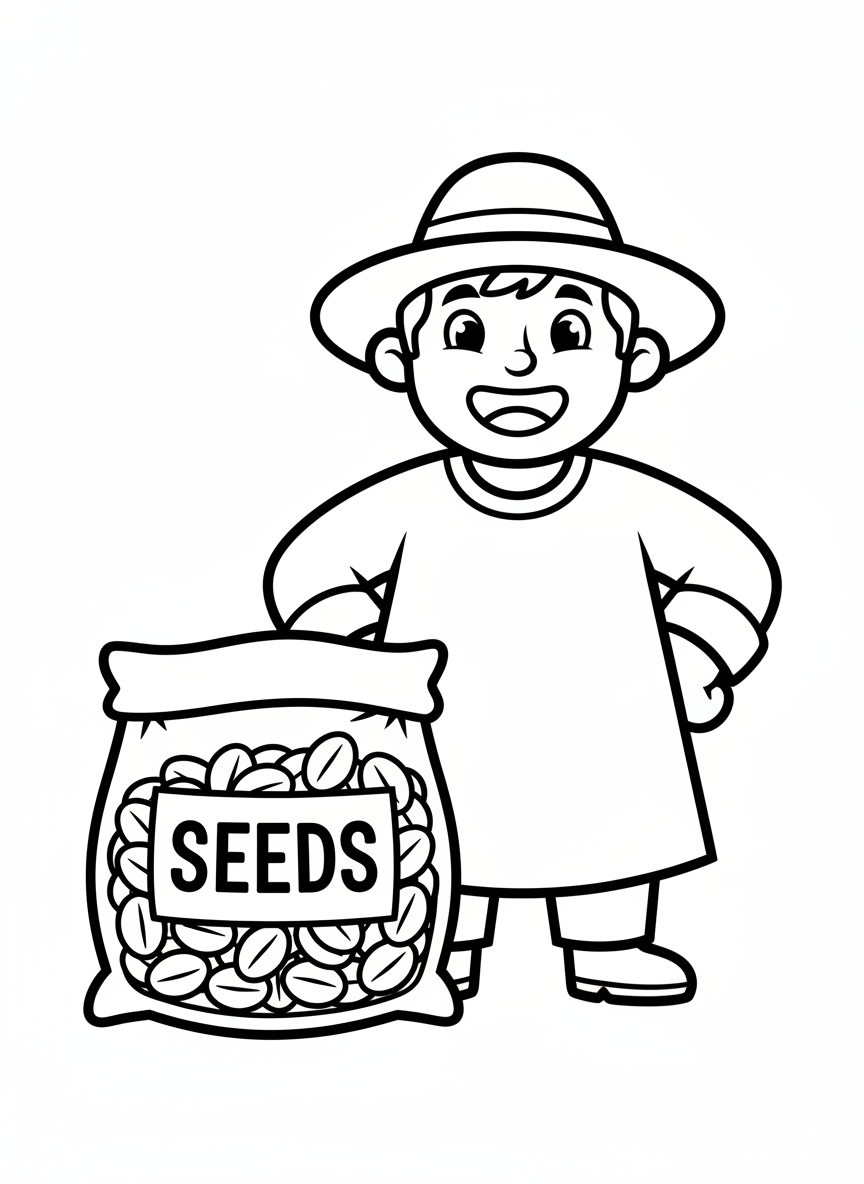 Happy Farmer & Seed Bag Coloring Page for Kids
