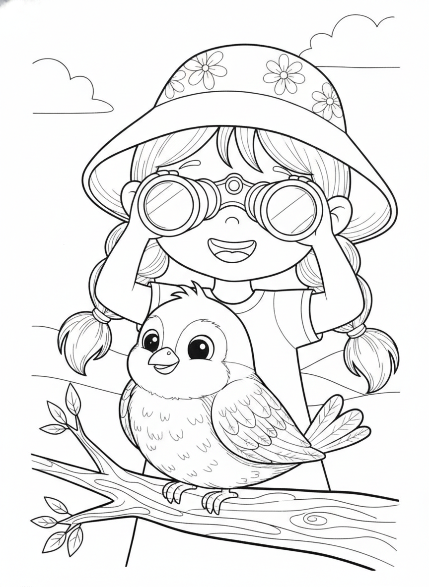 Happy Girl Birdwatching Coloring Page for Kids