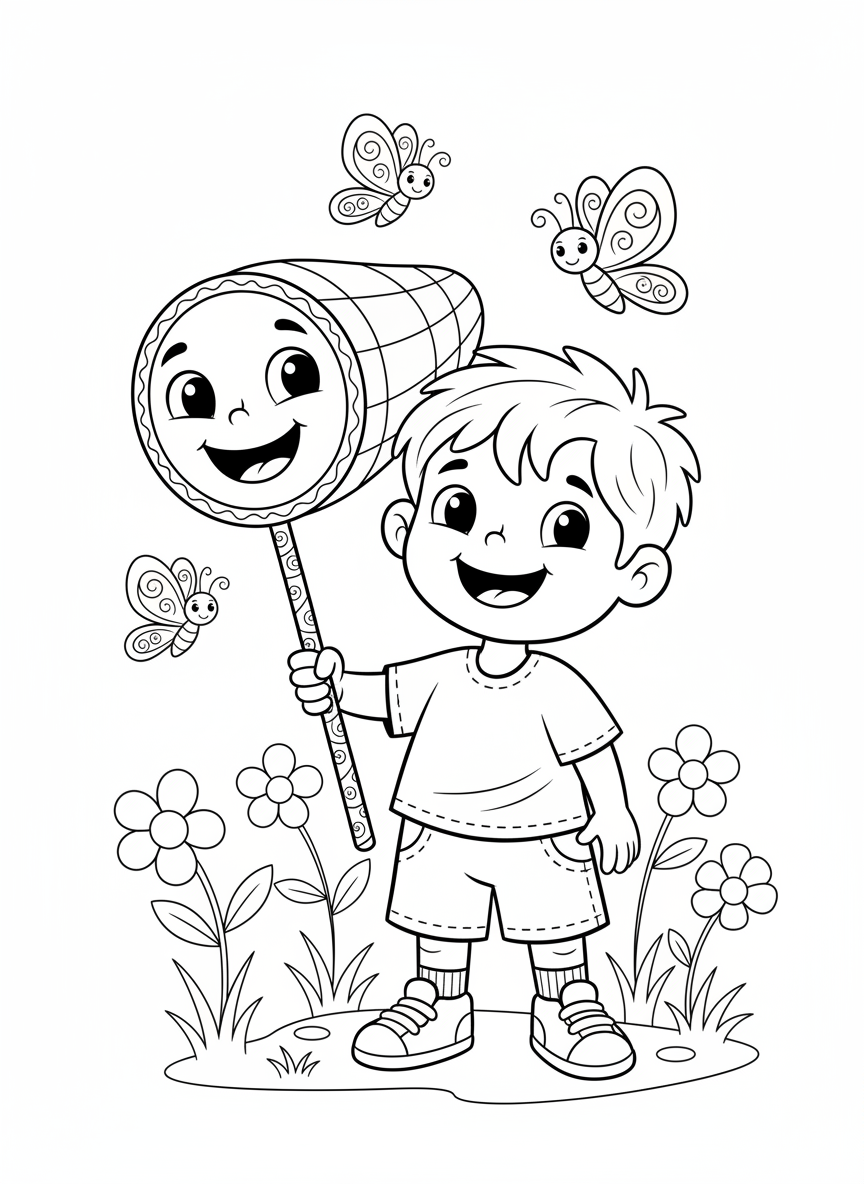 Happy Kid with Butterfly Net Coloring Page