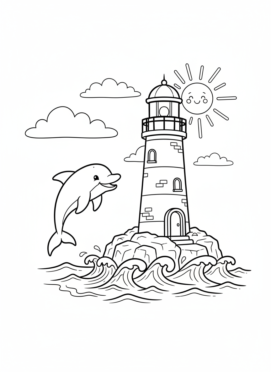 Happy Lighthouse & Dolphin Coloring Page