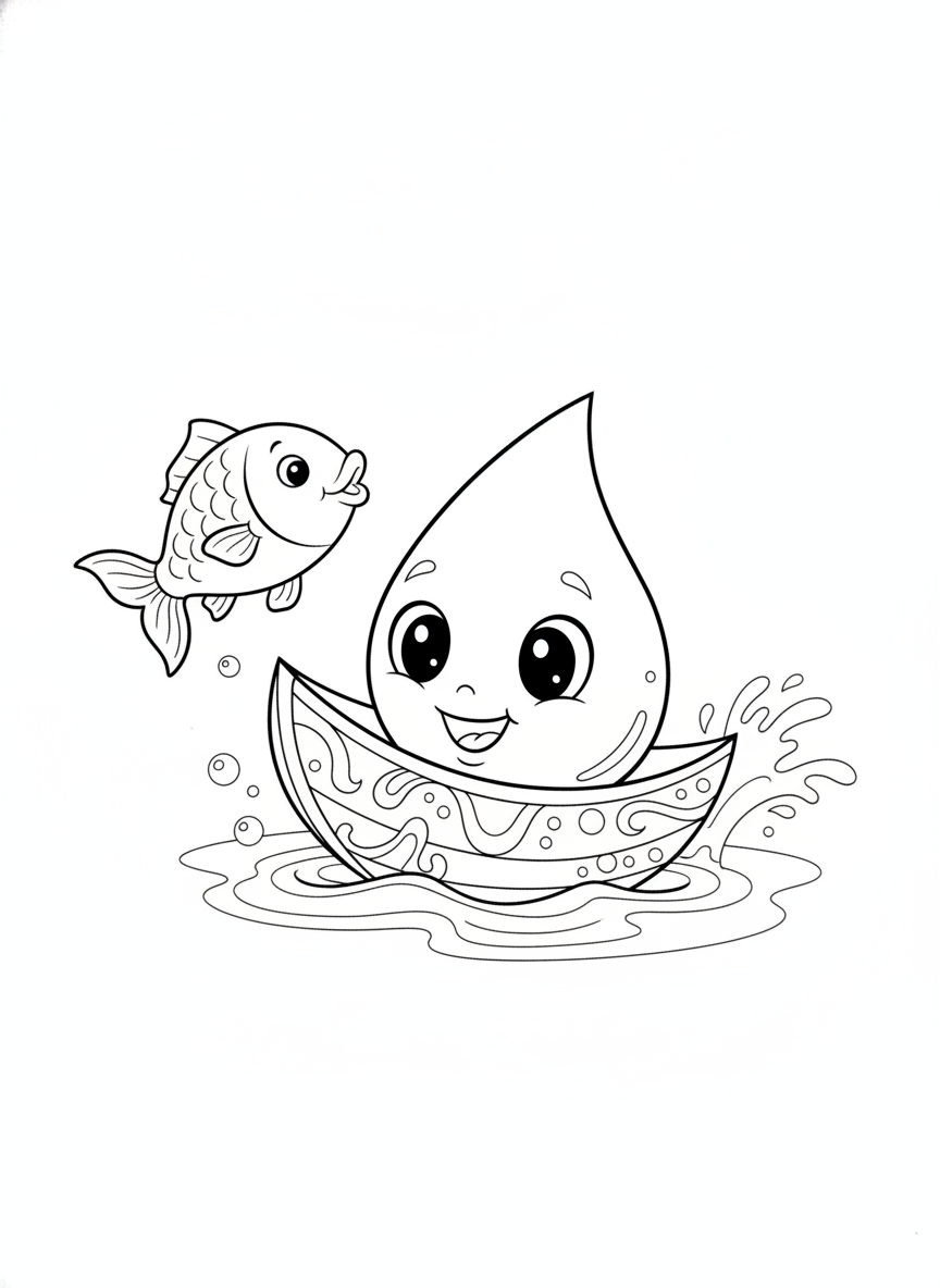 Happy Water Droplet Sailor with Playful Fish Coloring Page