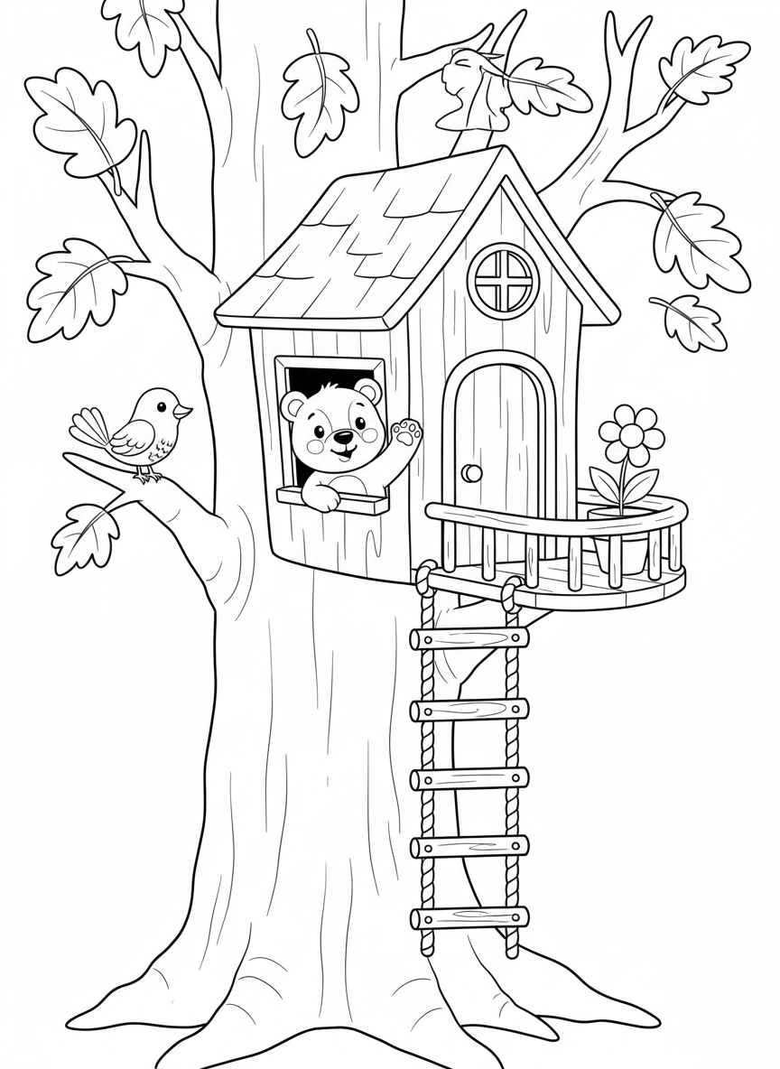 Honey Bear's Treehouse Coloring Page