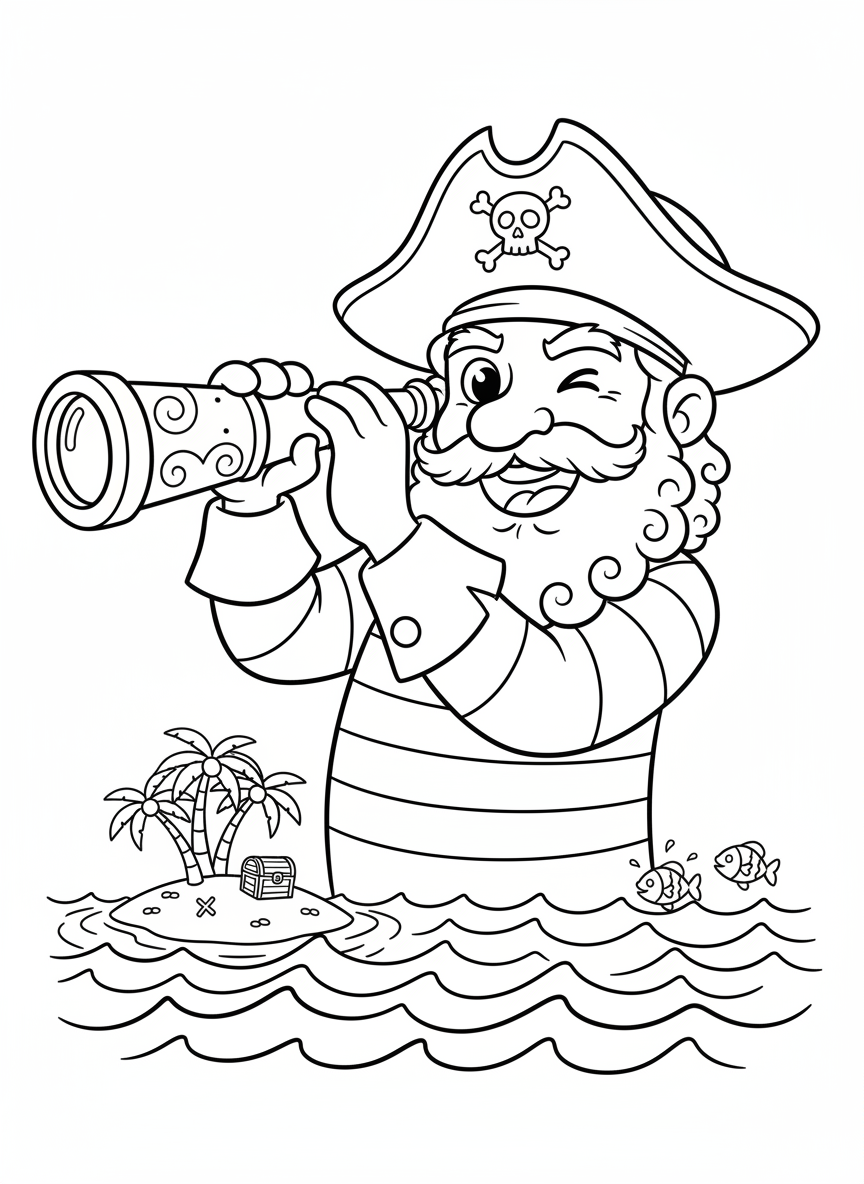 Jolly Pirate Captain Spyglass Adventure Coloring Page