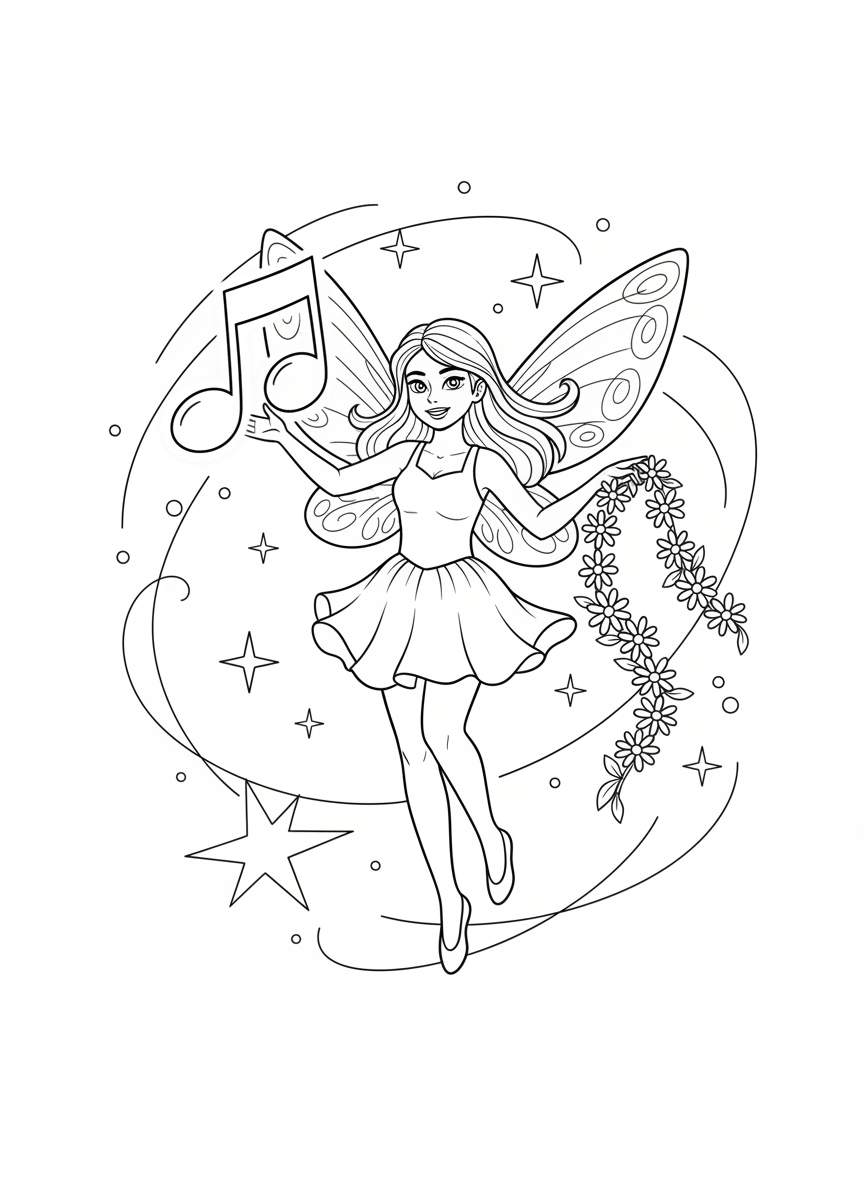 Joyful Dancing Fairy with Music and Flowers