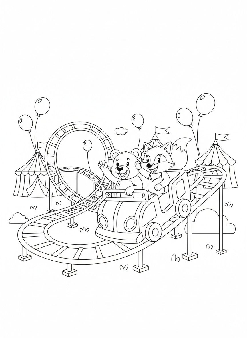 Joyful Roller Coaster Ride Coloring Page for Kids
