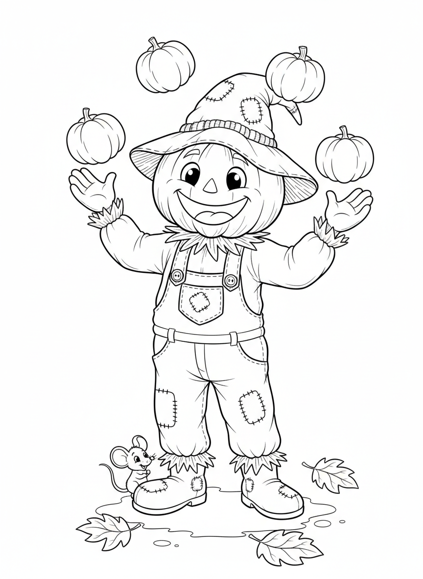 Juggling Scarecrow & Mouse Coloring Page