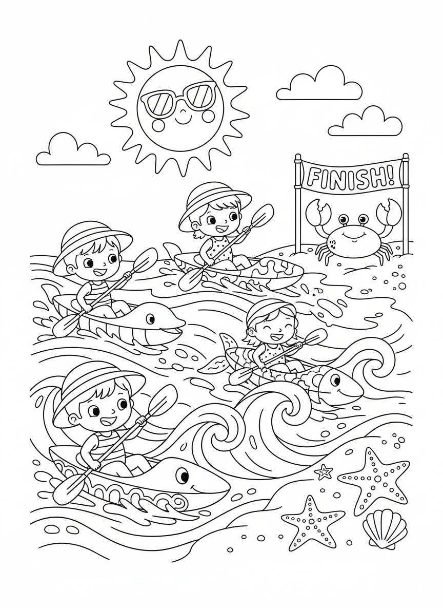 Kids' Beach Kayak Race Coloring Page
