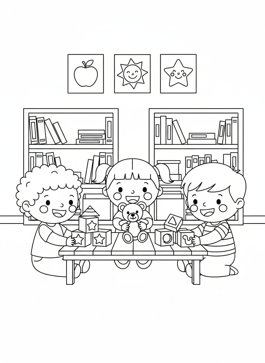 Kids' Playtime Fun: Cheerful Kindergarten Classroom Coloring Page