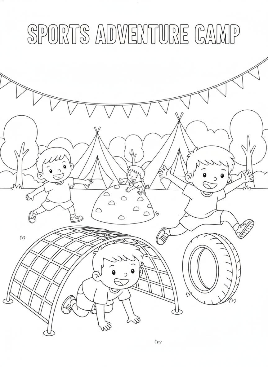 Kids' Sports Adventure Camp Obstacle Course Coloring Page