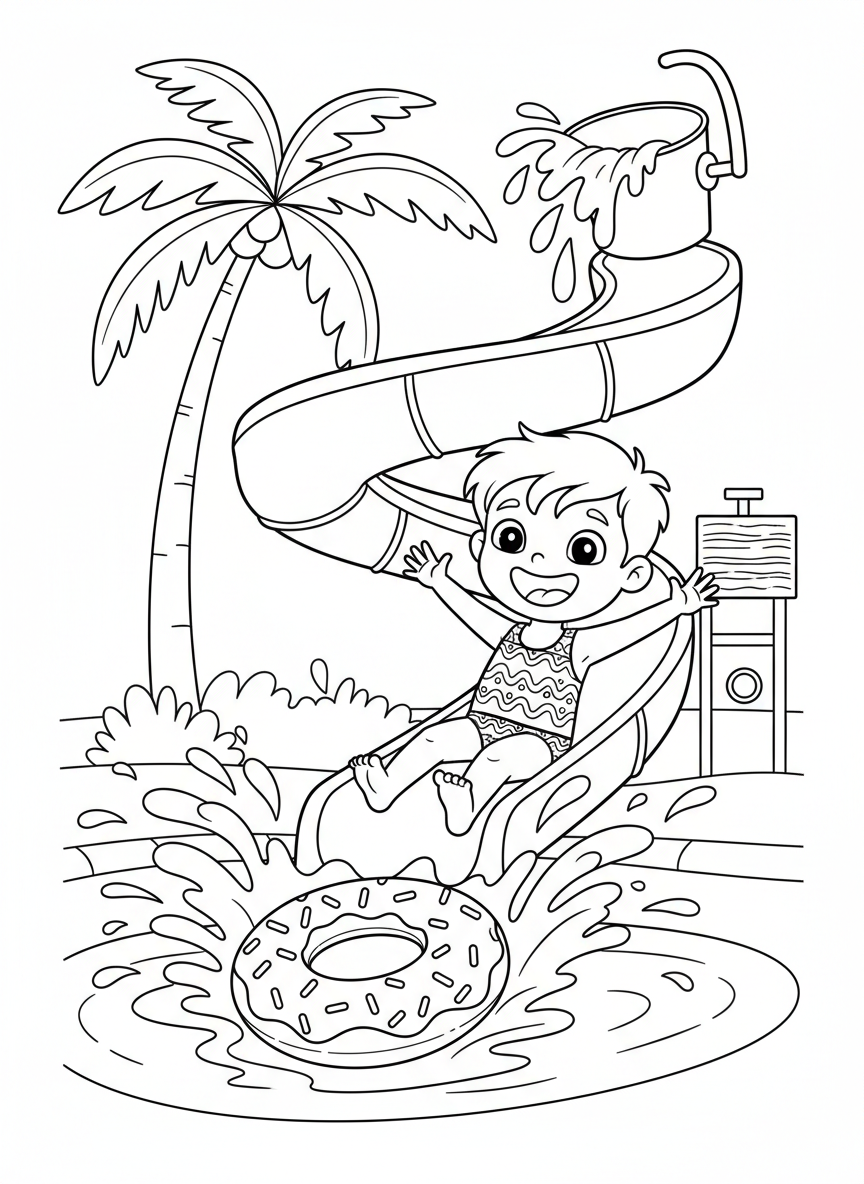 Kids Water Park Slide Fun Coloring Page