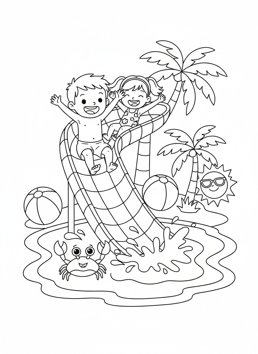 Kids Water Slide Fun Coloring Page