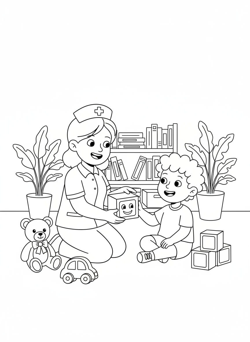 Kind Nurse & Child in Playroom Coloring Page