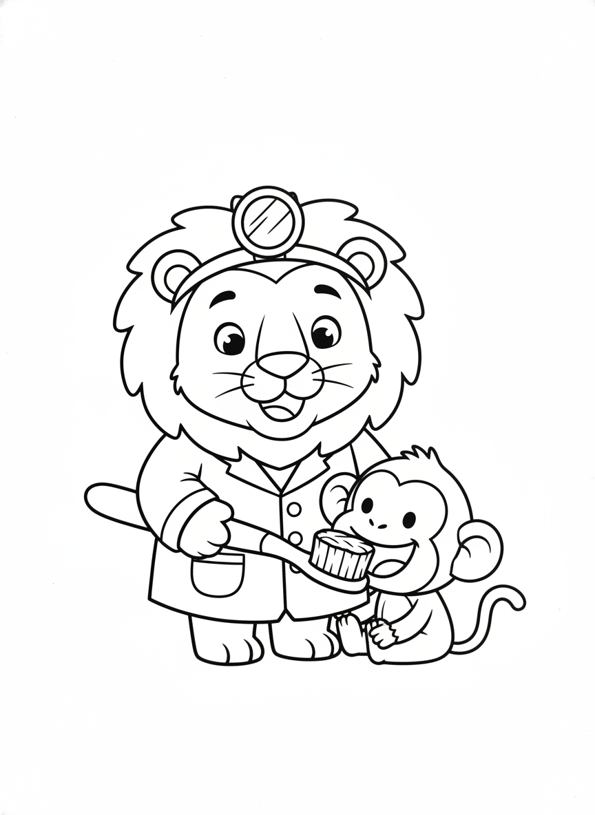 Lion Dentist & Monkey Patient Coloring Page for Kids