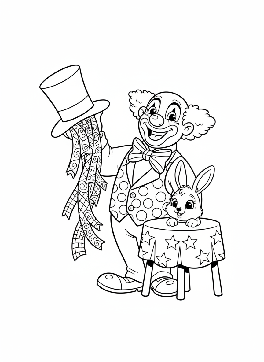 Magic Clown & Rabbit Coloring Page for Kids