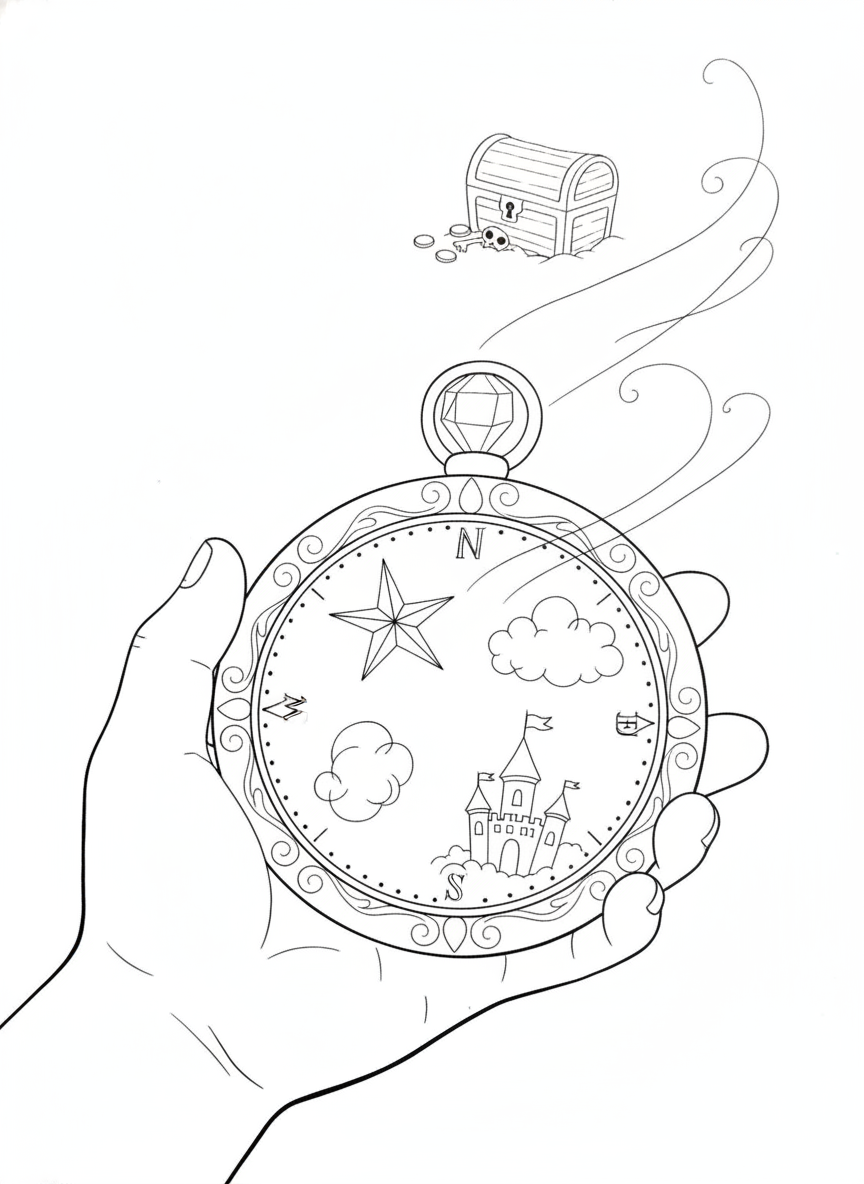 Magical Compass Treasure Hunt Coloring Page for Kids