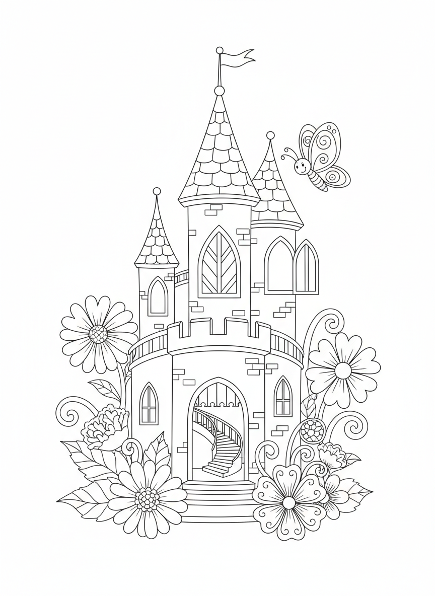 Magical Enchanted Castle Coloring Page for Kids