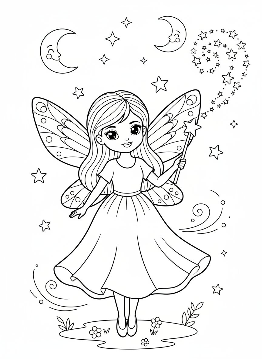 Magical Fairy Night: Coloring Page for Kids