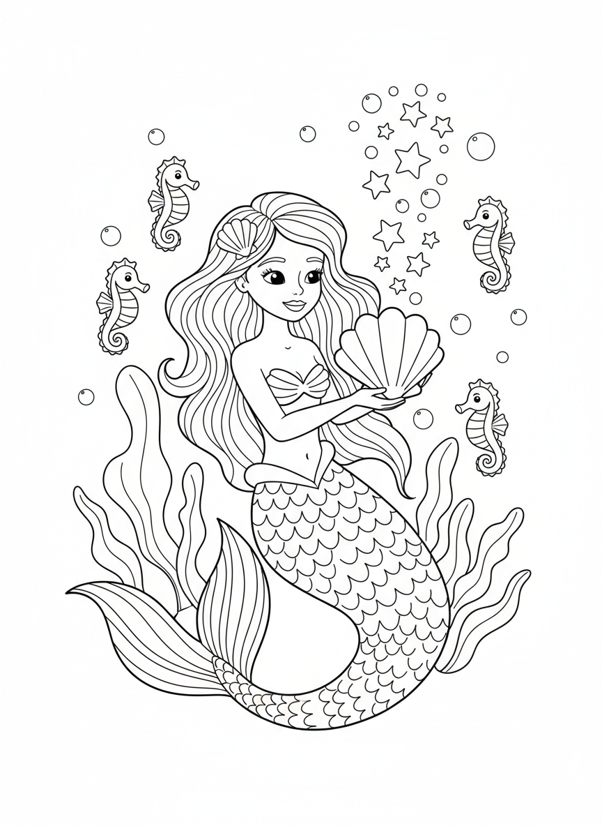 Magical Mermaid & Seahorses Coloring Page for Kids