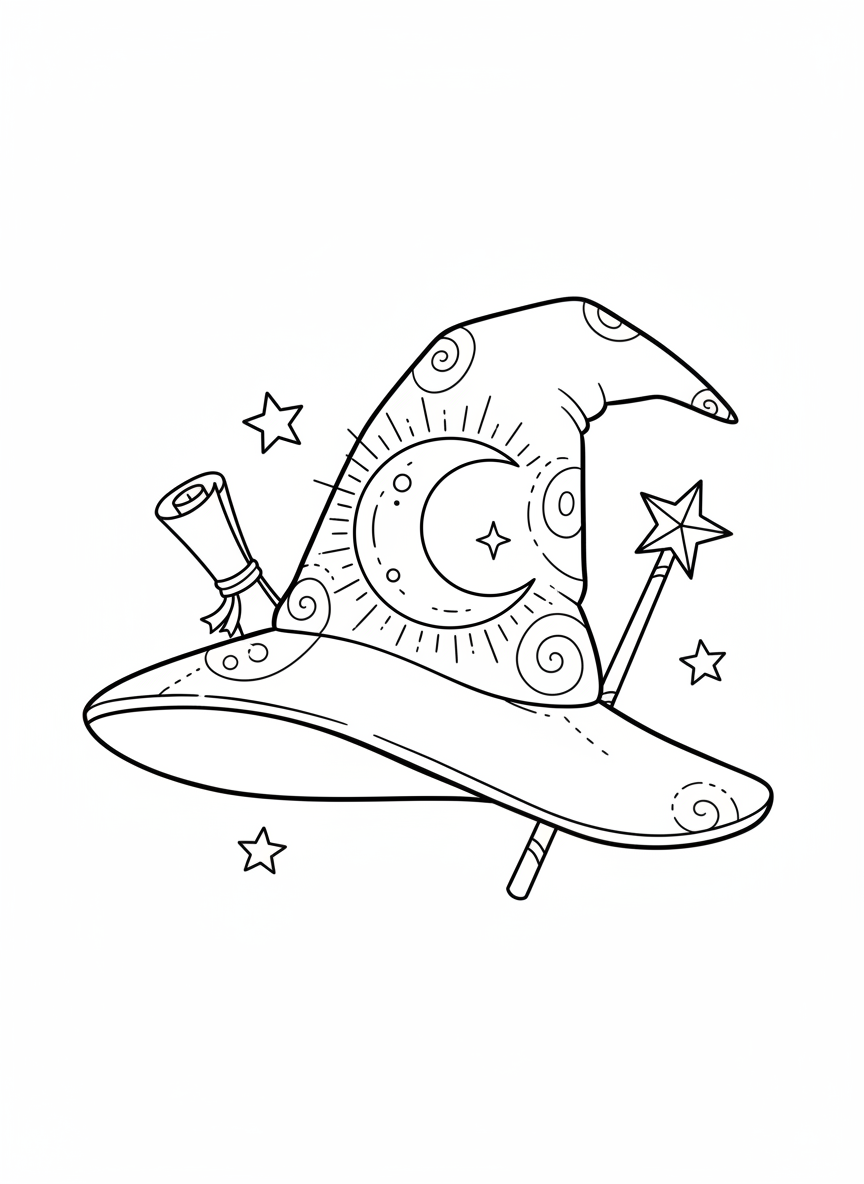 Magical Wizard Hat Coloring Page for Kids