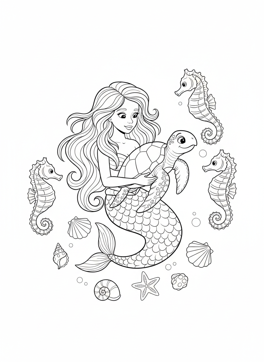 Mermaid Princess & Sea Turtle Coloring Page