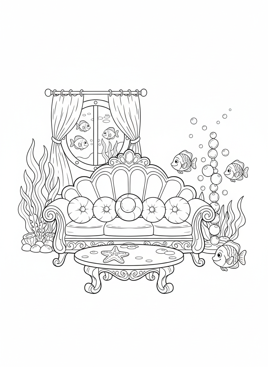 Mermaid's Underwater Living Room Coloring Page