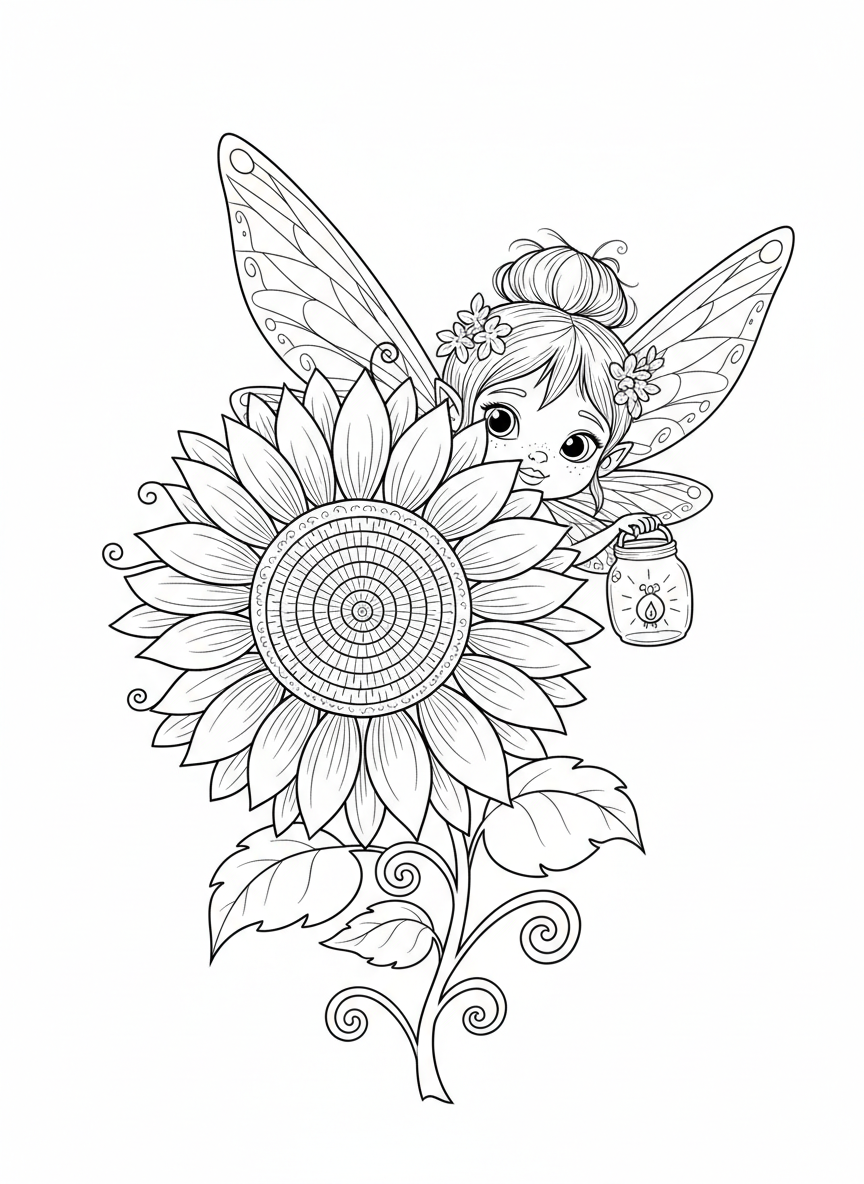 Mischievous Fairy & Sunflower Coloring Fun