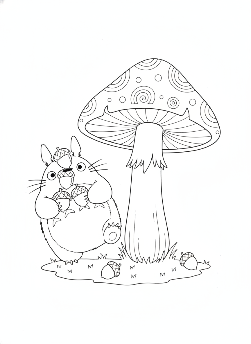Playful Totoro Balancing Acorns Coloring Page for Kids