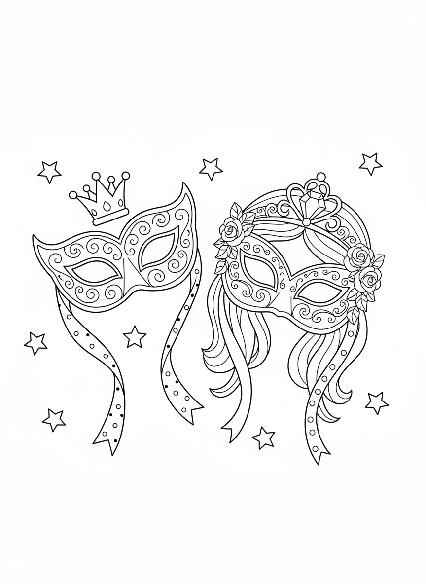 Prince and Princess Masks Coloring Page for Kids