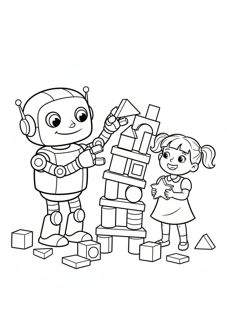 Robot and Girl Build Block Tower