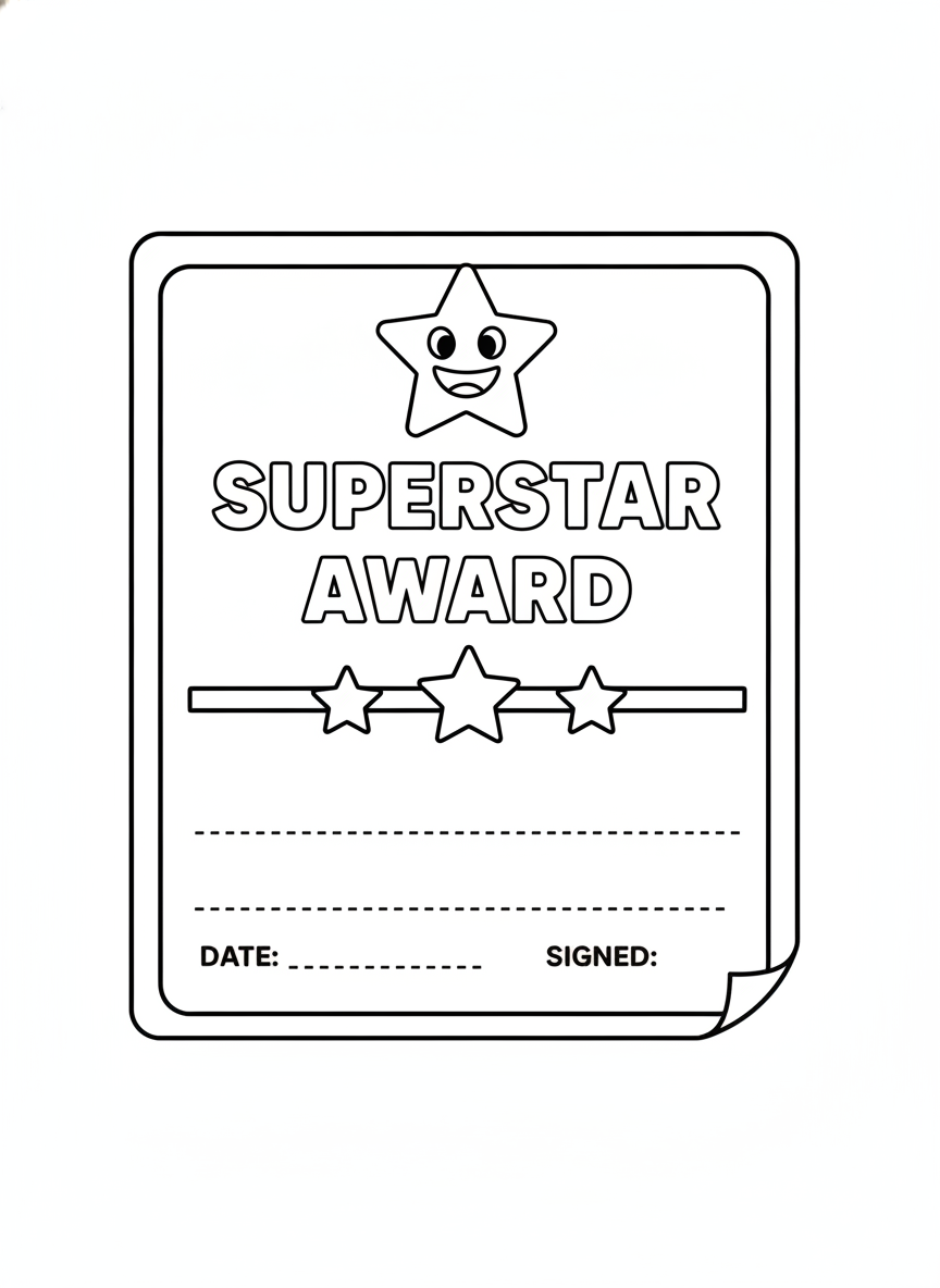 Simple Star Award Certificate Coloring Page for Kids