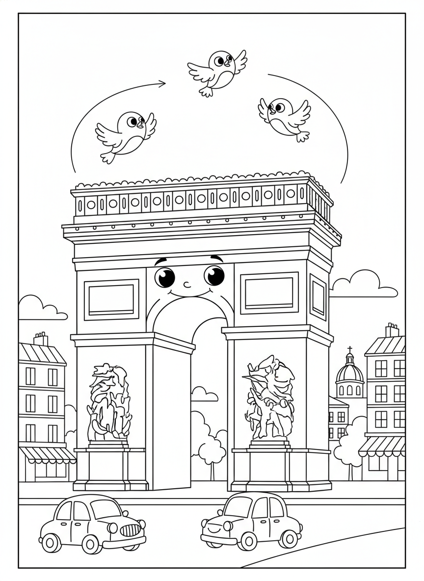 Smiling Arc de Triomphe Coloring Page for Kids