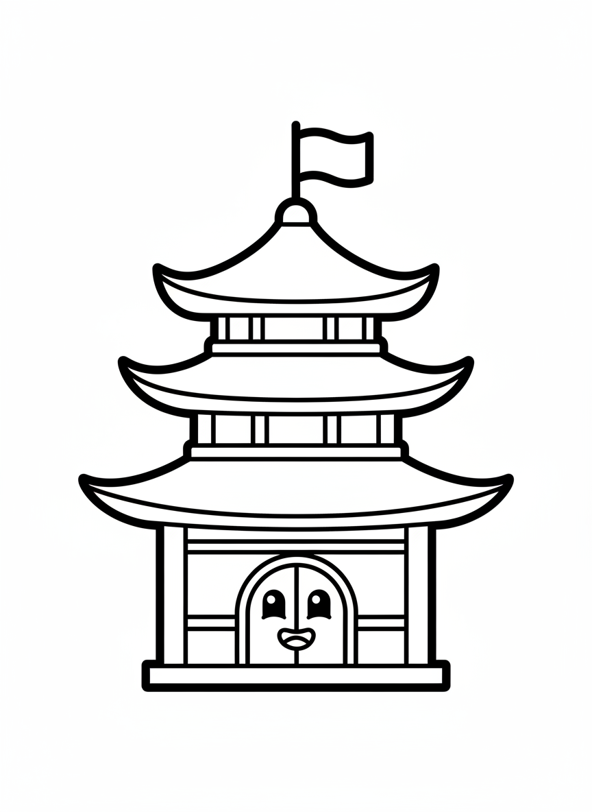 Smiling Pagoda Tower Coloring Page for Kids