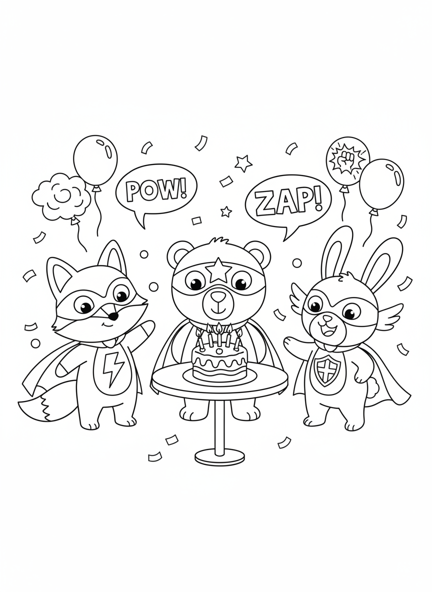 Superhero Animal Party Coloring Page