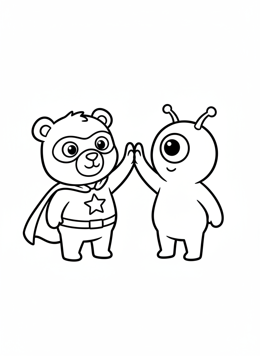 Superhero Bear & Alien High-Five Coloring Page