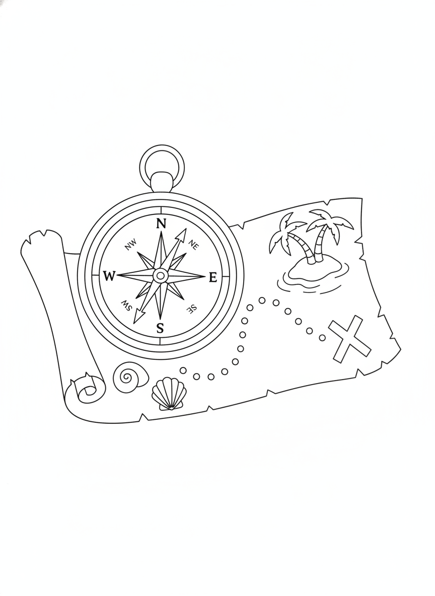 Treasure Map Adventure: Compass & Seashells Coloring Page for Kids