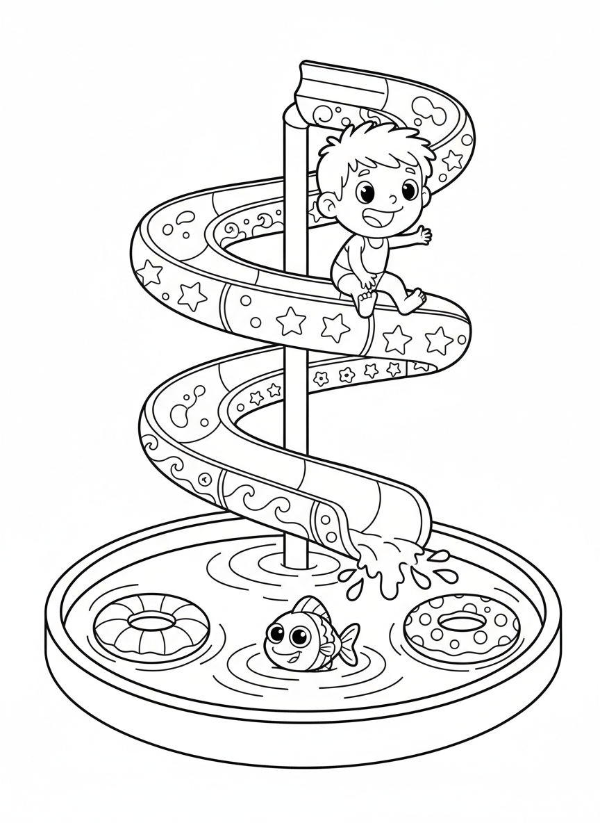 Water Park Slide Fun Coloring Page for Kids
