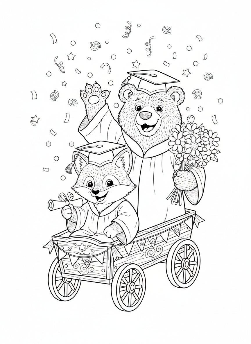 Whimsical Animal Graduation Parade Coloring Page