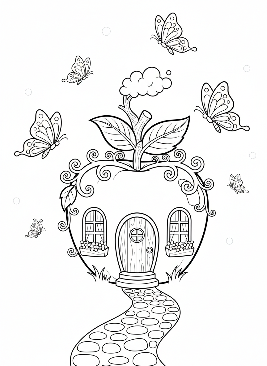 Whimsical Apple House Coloring Page for Kids