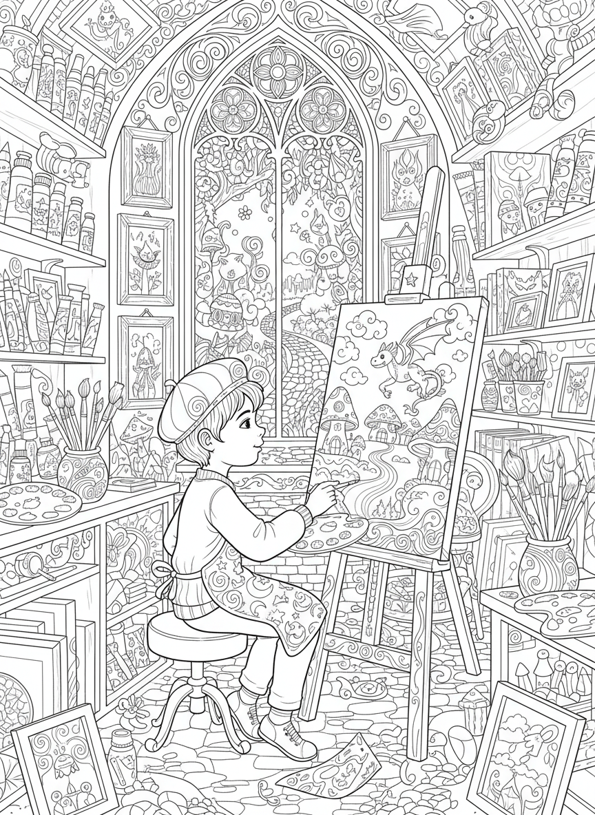Whimsical Art Studio: Young Artist Painting Magical Landscape