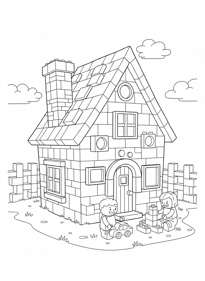 Whimsical Block House Coloring Page for Kids